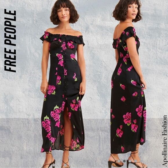 FREE PEOPLE SHE’S A DREAM MAXI DRESS SP IN BLACK COMBO PINK FLORAL PRINT NWOT - Picture 1 of 7